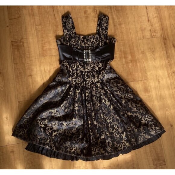 Jessica McClintock Other - Jessica McClintock Dress Girls Size 6 Beige w Black Floral Pattern - Bow